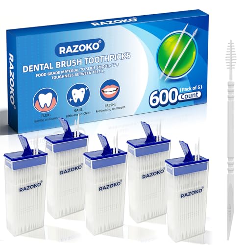 RAZOKO Interdental Toothpicks Total 600 Count (5 Packs) Disposable Oral Pick Food-Grade Plastic Interdental Cleaner with Portable Case for Travel & Home