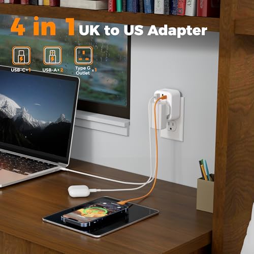 Image of TESSAN UK to US Plug Adapter, UK Adapters for Travel with AC Outlet 3 USB (1 USB C), Type G Power Adapter Ireland London Scotland Kenya Dubai Singapore to Type B USA Travel Adaptor