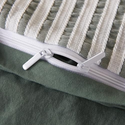 TISPLR King Duvet Cover Set Striped Washed Microfiber Jacquard 3 Pieces Bedding Set, Green White Vertical Ticking Stripes Pattern Comforter Cover with Zipper Closure Breathable Durable Soft Comfy by TISPLR - Used condition - Image 8