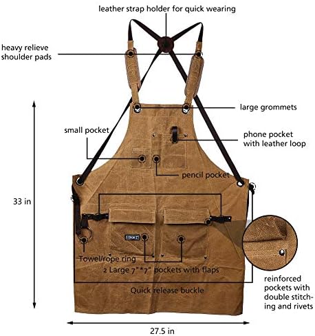 Work Apron for Men, Heavy Duty Waxed Canvas Tool Apron for Carpenter, Woodworker with Cross-Back Straps, Adjustable M to XXL (Brown)