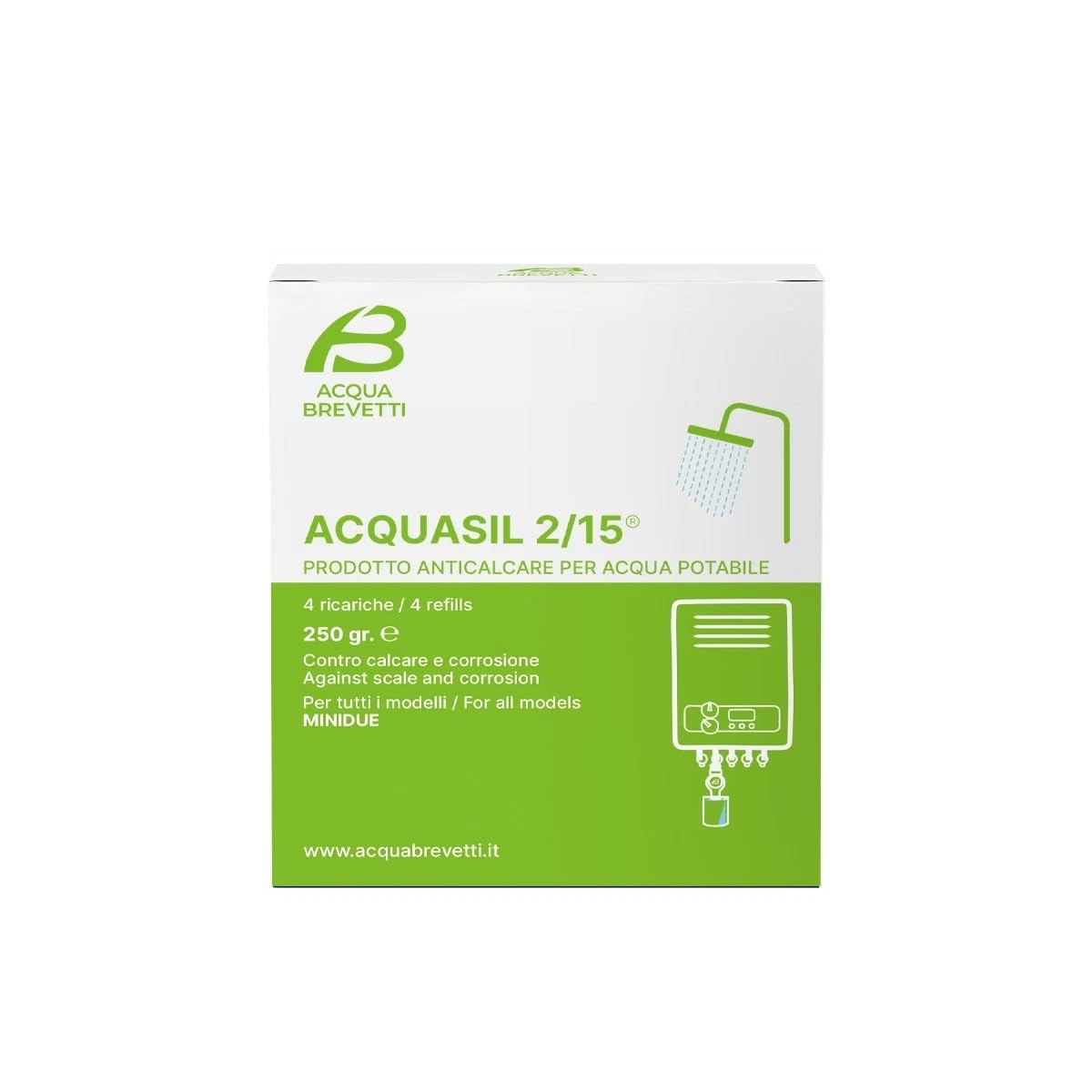 Acquasil 2/15 PC100 Ricariche MiniDOS | Anticalcare e Anticorrosione per Acqua Potabile | Protezione Caldaie, Tubazioni e Impianti (1 Confezione da 4x250g)