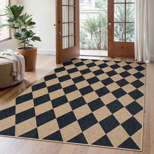 Lahome Checkered Easy Jute 5x7 Area Rugs, Washable Outdoor Patio Rug for Living Room Diamond Indoor Outdoor Carpet, Farmhouse Geometric Non Slip Black Carpet for Backyard Dining Room