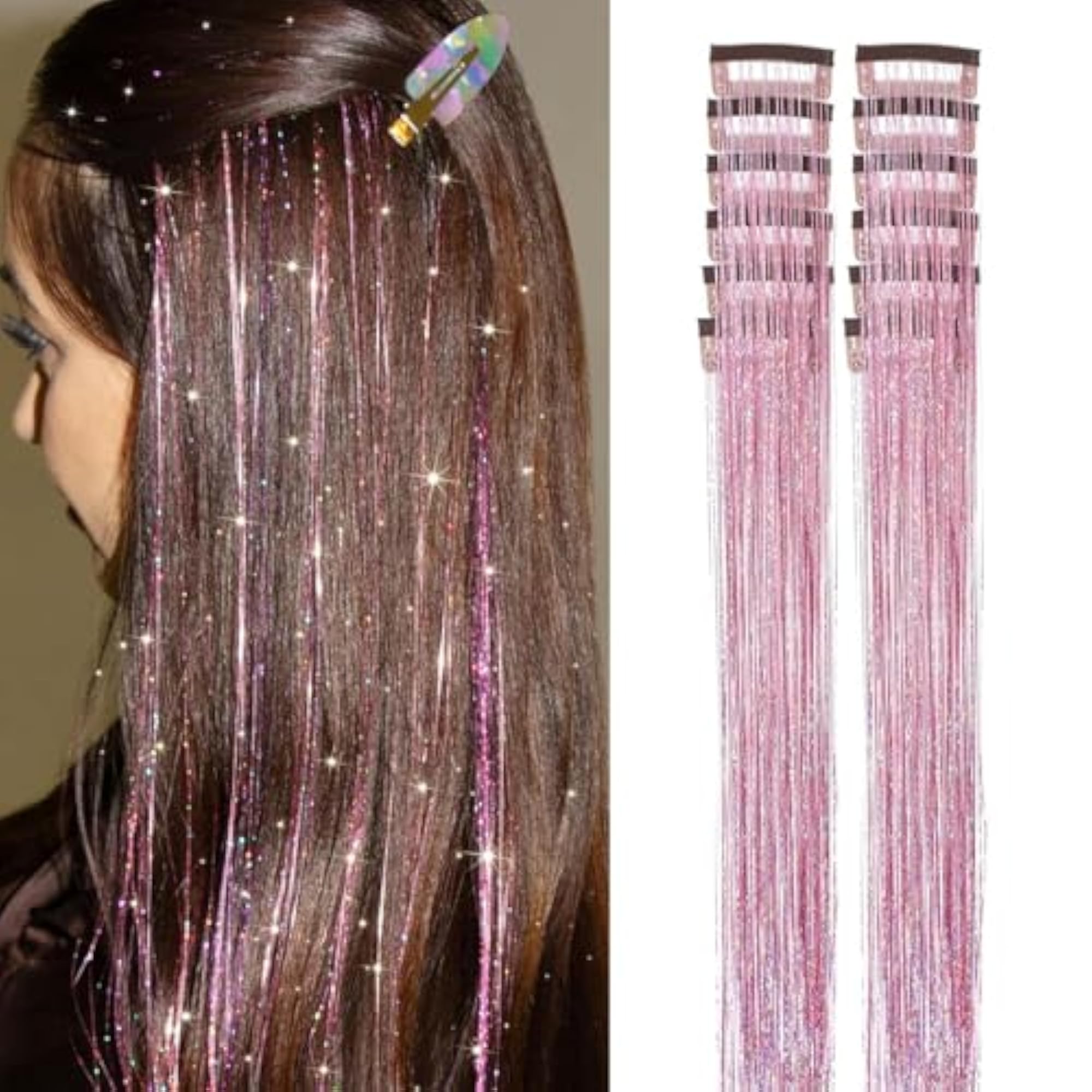 12Pcs Pink Tinsel Hair Extensions, 20 Inch Clip-in