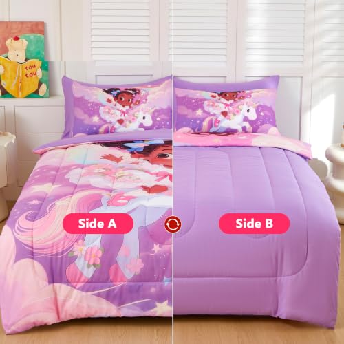 Image of Twin Comforter Set for Girls 5 Piece Black Girl Unicorn Bedding Set for Girls, Super Soft Microfiber Bed Set African American Princess Bed in a Bag with Comforter Sheets Pillowcase & Sham