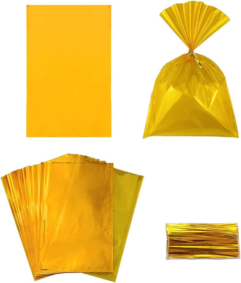FAZHBARY 100 PCS Gold Cellophane Bags Holiday Cellophane Treat Bags Party Favor Bags 6x9 Candy Bags Treat Bags with Ties