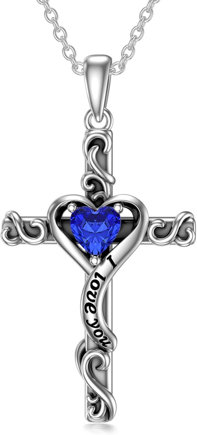 TOUPOP Valentines Day Gifts for Her Birthstone Cross Necklace for Women 925 Sterling Silver Heart Cross Pendant I Love You Jewelry Anniversary Birthday Gifts for Wife Girlfriend Mom