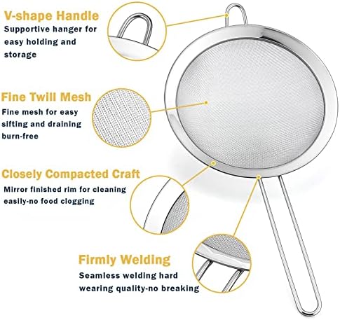 Sieves and Strainers, Haware 3 Pcs Stainless Steel Fine Mesh Sieve for Baking Cooking Sifting, Small Medium Large Size Metal Strainers for Tea Flour Juice Fruit, 8cm/12cm/18cm, Dishwasher Safe