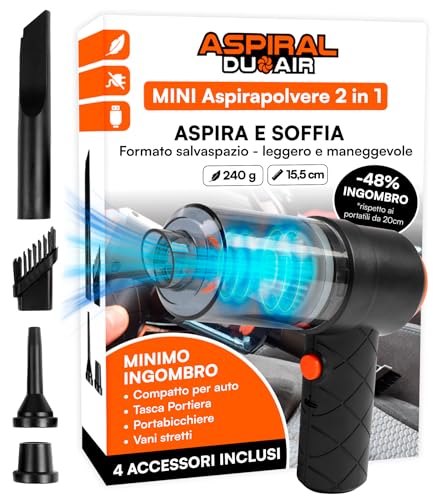 Aspirapolvere Aspirabriciole Senza Fili Auto Casa e Ufficio - Mini Aspiratore e Soffiatore Portatile 2in1 Aspiral DuoAir...