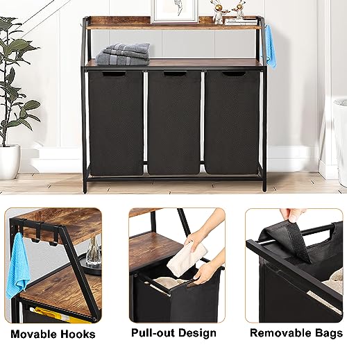 Timberer Laundry Hamper, Laundry Sorter 3 Section, Rolling Laundry Basket with Wheels, 2 Shelves, 3 × 14.5 Gal, Pull-Out and Removable Laundry Bags, for Laundry Room, Black and Rustic Brown