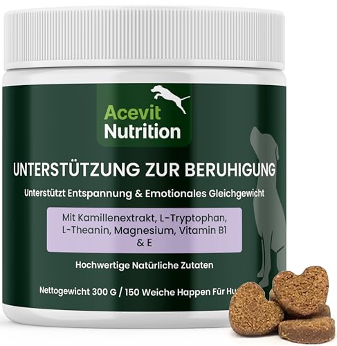 Beruhigungsmittel für Hunde, 150 weiche Snacks, 100% Natürlich – Unterstützt Entspannung & Ruhe bei Stress, Nervosität & Unruhe – Mit L-Tryptophan, Kamille, L-Theanin & Magnesium | Acevit Nutrition