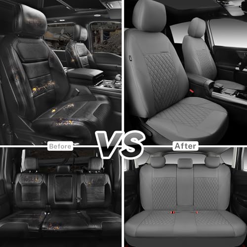 Image of CAR PASS Quilting Faux Leather Seat Covers Full Set, Waterproof Deluxe PU Premium Auto Seat Cover, Breathable Seat Covers Universal Fit for Most Sedan SUV Van Small Truck, Airbag Compatible All Gray