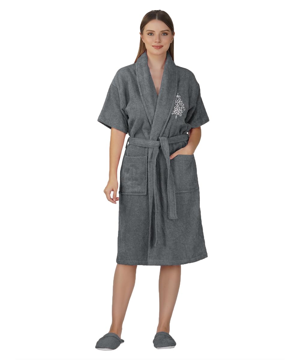 Rangoli Royal Bamboo Premium Bathrobe For Women | Ultra Soft Bamboo Yarn Lightweight Bathing Robes | 460 GSM Highly Absorbent & Quick Drying Luxurious Bath Gown | Knee Length Bath Robe - Dark Grey