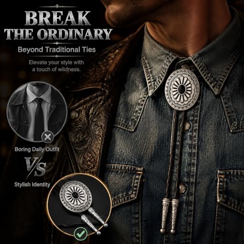 Image of Turquoise Bolo Tie for Men, Leather Braided Necktie Western Cowboy Bola Tie Costume Accessories for Men Women