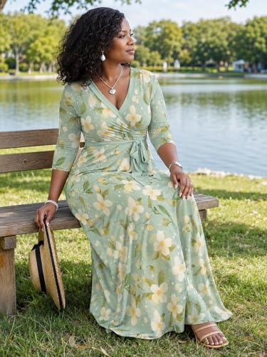 Image of PinkPatty Plus Size Maxi Dresses for Women Casual Flowy Long Dress 3 /4 Sleeve V Neck Wrap Dress with Belt