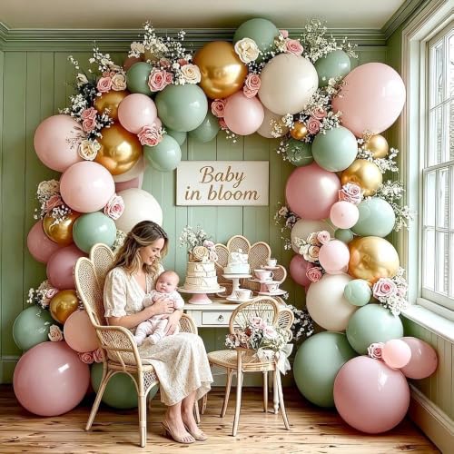 Image of Dusty Green Pink Balloon Arch Double Stuffed Pastel Baby Pink Light Green White Cream Balloon Metallic Gold Latex Balloons for Baby in Bloom Birthday Bridal Shower Wedding Summer Party Decorations