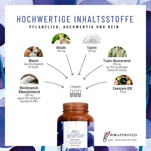 Zellenergie - NAD+ Faktor - mit Nicotinamide-Riboside 300mg (NR) - NAD Komplex - Betain, Resveratrol, Coenzym Q10, Taurin & Vitamin B3 - laborgeprüft in Deutschland – 90 vegane Kapseln von NATURTREU