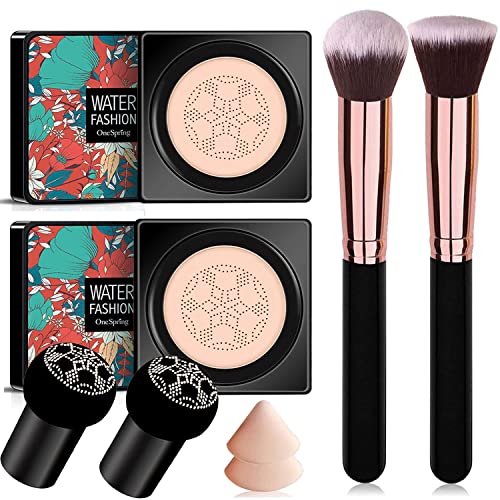 Firstfly 2Pcs Mushroom Head Air Cushion Cc Cream Face Makeup Foundation Moisturizing Bb Cream With Foundation Brush & Powder Brush Face Makeup Cc Foundation Matte Oil Control Facial Blemish Concealer Women Cosmetics Air Heads Cushion cover