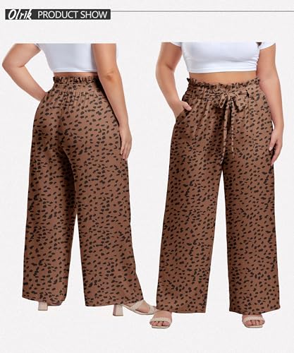 Image of OLRIK Women's Plus Size Pants Adjustable High Waisted Wide Leg Palazzo Pants Casual Trousers with Pockets Spring Clothes