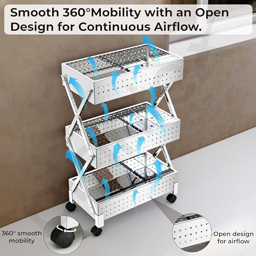 Image of Plantex 3-Tier Vegetable Rack for Kitchen Trolley /Basket for Kitchen Storage /Stainless Steel Multipurpose Storage Fruit,Onion, Potato Storage Stand /Heavy Duty Rolling Utility Cart-(Chrome)