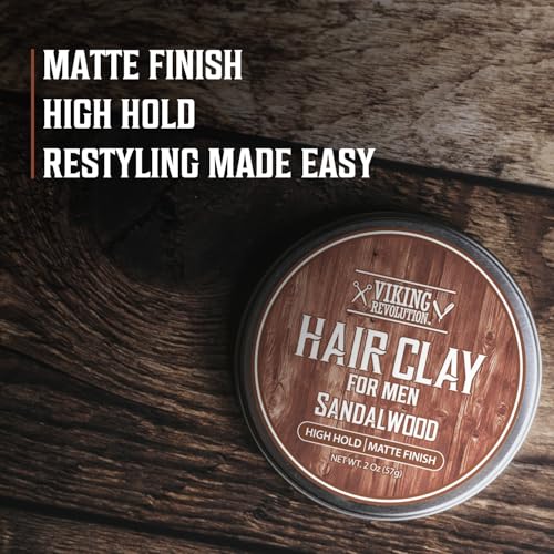 Image of Viking Revolution Sandalwood Hair Clay - Strong Hold & Matte Finish, Texturizing Hair Clay for Men - Beeswax, Jojoba Wax & Vitamin E - Effortless Styling with Sandalwood Scent (2 pack, 2oz each)