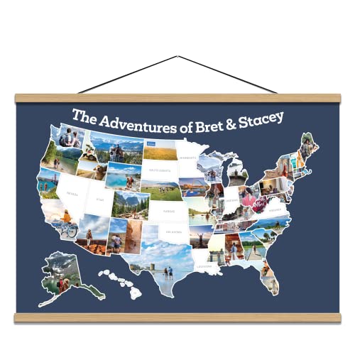 PHOTOMAPS.COM Personalized USA Photo Map - Travel Sticker Collage - 24' x 36” - Made in USA (Dark Blue, Pine Wood Frame Hanger)
