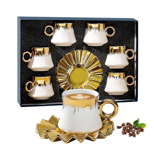Juego de 6 tazas de café expreso, juego de tazas de café de porcelana de 90 ml, taza de café de cerámica con borde chapado en oro, tazas de porcelana, servicio de café especial para té, capuchino