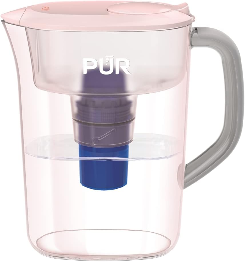 PUR 7-Cup Water Pitcher, 1 Genuine Filter, Cleaner, Great-tasting Water, Dishwasher Safe, Powerful, Faster Filtration, LockFit Cap Design – Blush