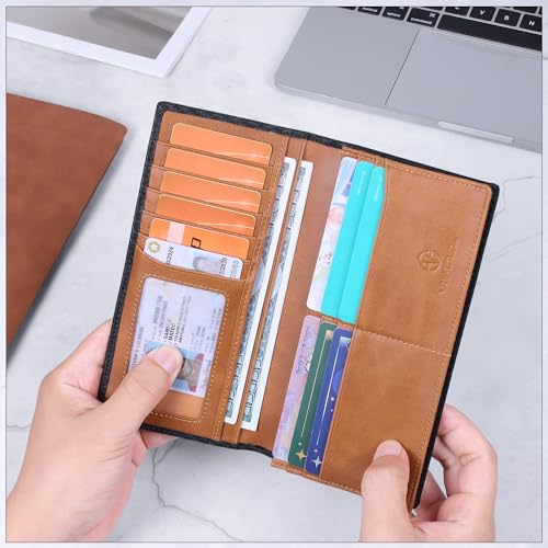 Image of VISOUL Leather Checkbook Cover Wallet for Men with RFID Blocking, Mens Long Bifold Cash Tall Wallet with 11 Credit Card Slots 1 ID Window (Black+Tan)