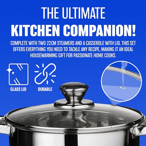22 Cm Deluxe Steamer Cookware Set - with Glass Lid & Handles | Stainless Steel Pan, 3 Tier Pot Capsulated Bottom, Kitchen Home Cooking Pans, Chef Healthy Veg Cook, Multi Purpose - Image 4