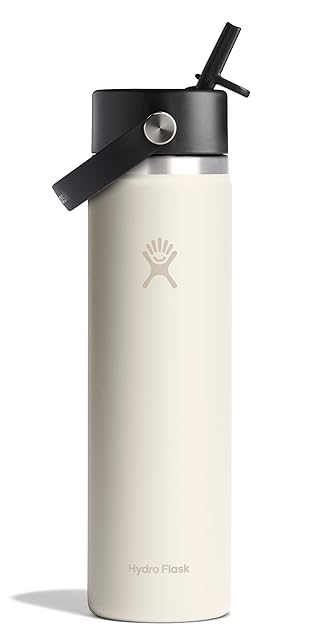 Hydro Flask Wide Straw Lid Water Bottle 24 oz in ivory powder-coat finish on a wooden gym bench, the 2024 redesigned wide straw lid in place, the classic BifL stainless pick with TempShield double-wall vacuum insulation keeping liquids cold 24 hours