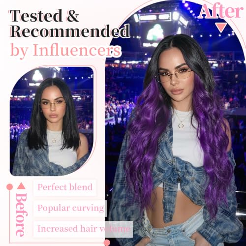 Image of KooKaStyle Clip in Synthetic Hair Extensions Long Wavy 4PCS Thick Hairpieces Electric Purple Fiber Double Weft Natural Hair Extensions 24 Inch for Women