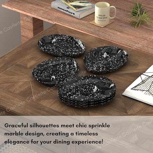 Castleite Wales Multi-Purpose Kitchen Serving Platter: Deluxe Melamine Crockery Set of 6 - Versatile Chip and Dip Dish for Snacks, Starters & Desserts (Marble Black)
