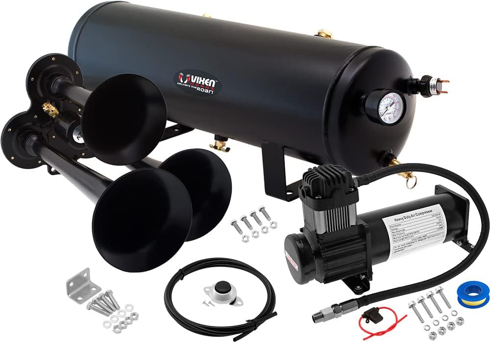 Vixen Horns Train Horn Kit for Trucks/Car/Semi. Complete Onboard System- 200psi Air Compressor, 3 Gallon Tank, 3 Trumpets. Super Loud dB. Fits Vehicles like Pickup/Jeep/RV/SUV 12v VXO8330B/3114B