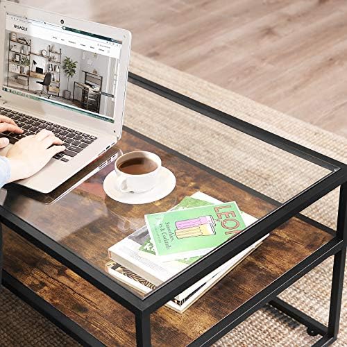 VASAGLE Coffee Table, Cocktail Table with Tempered Glass Top, Stable Steel Frame, Living Room Decoration, Rustic Brown and Black LCT30BX