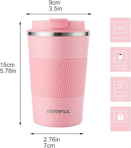Miniatura 3 de GEMFUL Vaso de acero inoxidable con aislamiento térmico de doble vacío para bebidas frías y calientes 12 onzas