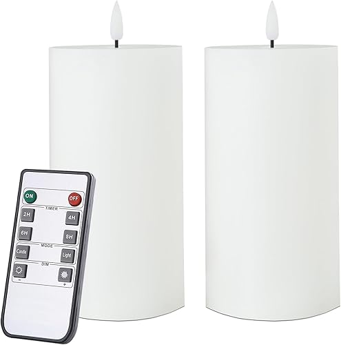 Juego de 2 velas blancas sin llama (3 x 6 pulgadas), velas LED parpadeantes de cera que funcionan con pilas con temporizador de control remoto para