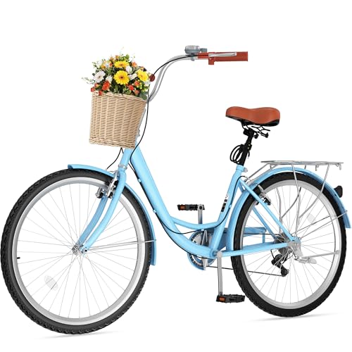 DWVO Beach Cruiser Bike for Women, 24 & 26 Inch Womens Bike with Adjustable Seat, 1&7-Speed Comfort Bicycle for Adults City Commuter with Built-in Lock & Wicker Basket, Multiple Color