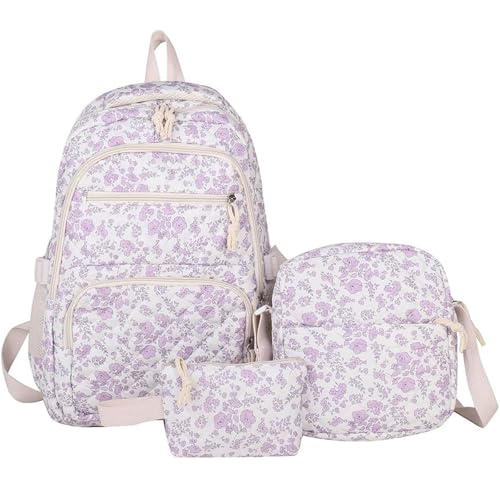 3pcs Backpack Set with Cute Floral Quilted Backpack Bags, Large Capacity Nylon Bag Rucksack Fashion Travel Daypack (Purple)