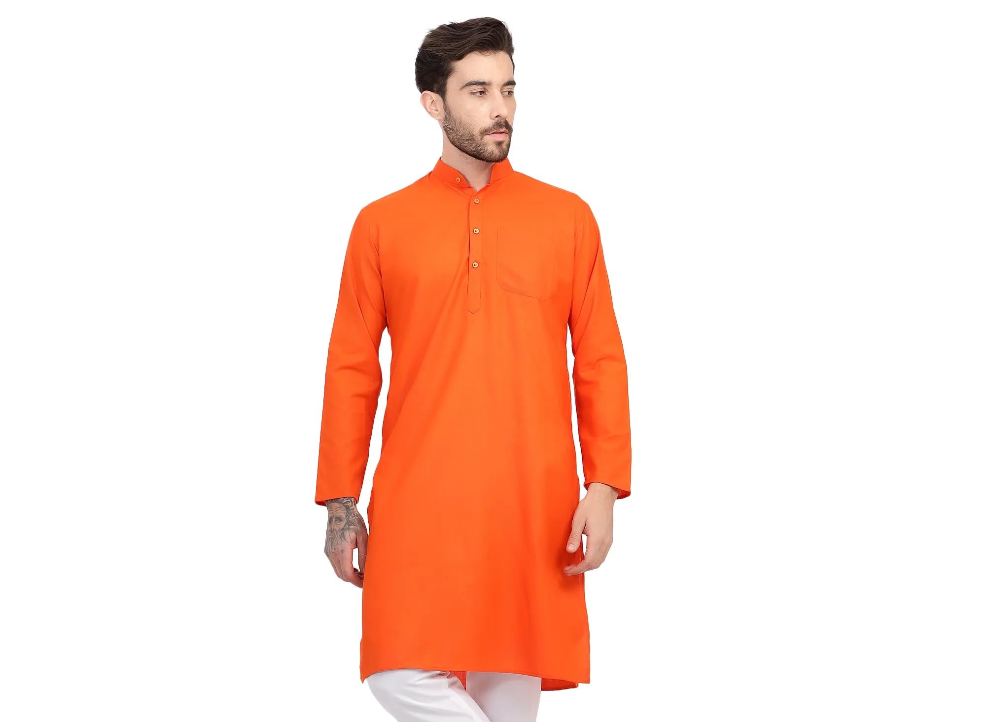 zymin Men's Cotton Blend Blend Knee Length Solid Color Style Stright Long Mandrin Collor Ethnic Casual Wear Kurta Only-picture-38