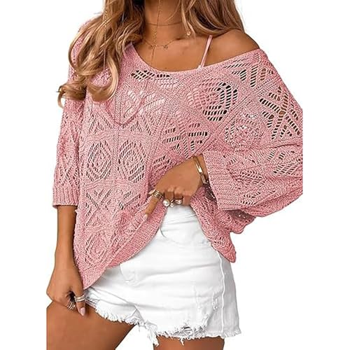 Blouse d'été en crochet rose pour femme grande taille 3XL