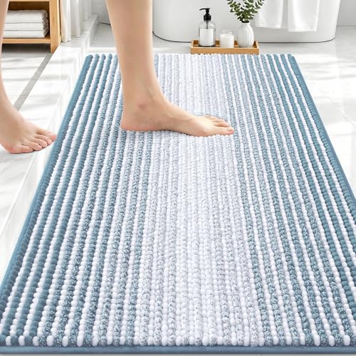 Image of OLANLY Bathroom Rugs 30x20, Extra Soft Absorbent Chenille Striped Bath Rugs, Rubber Backing, Machine Wash Dry, Bath Mats for Bathroom Floor, Tub and Shower, Home Decor Accessories, Airy Blue