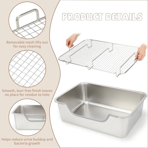 BWOGUE Extra Large Rabbit Litter Pan with High Sides, Stainless Steel Litter Box for Bunny, Metal Rabbit Toilet Tray with Hay Feeder & Water Dispenser for Small Animals, Easy to Clean, Odor Control - 5