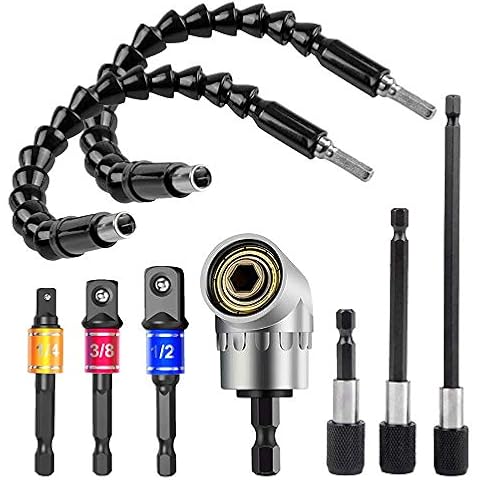 Flexible Drill Extension Hex Shank Drill Nut Driver Bit Set, 2pcs Bendable Drill Bit Extension, 3pcs 1/4 3/8 1/2" Universal Socket Adapter Set, 105° Right Angle Drill, 3pcs Screwdriver Bit Set Cover