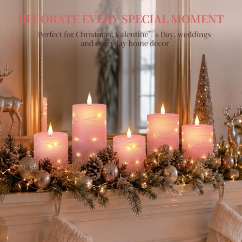 Image of Homemory Pink Flameless Candles with String Lights, Set of 3 Battery Operated LED Pillar Candles with 3D Flickering Wicks, 11-Key Remote Control and Timer for Wedding, Valentine's Day and Home Decor