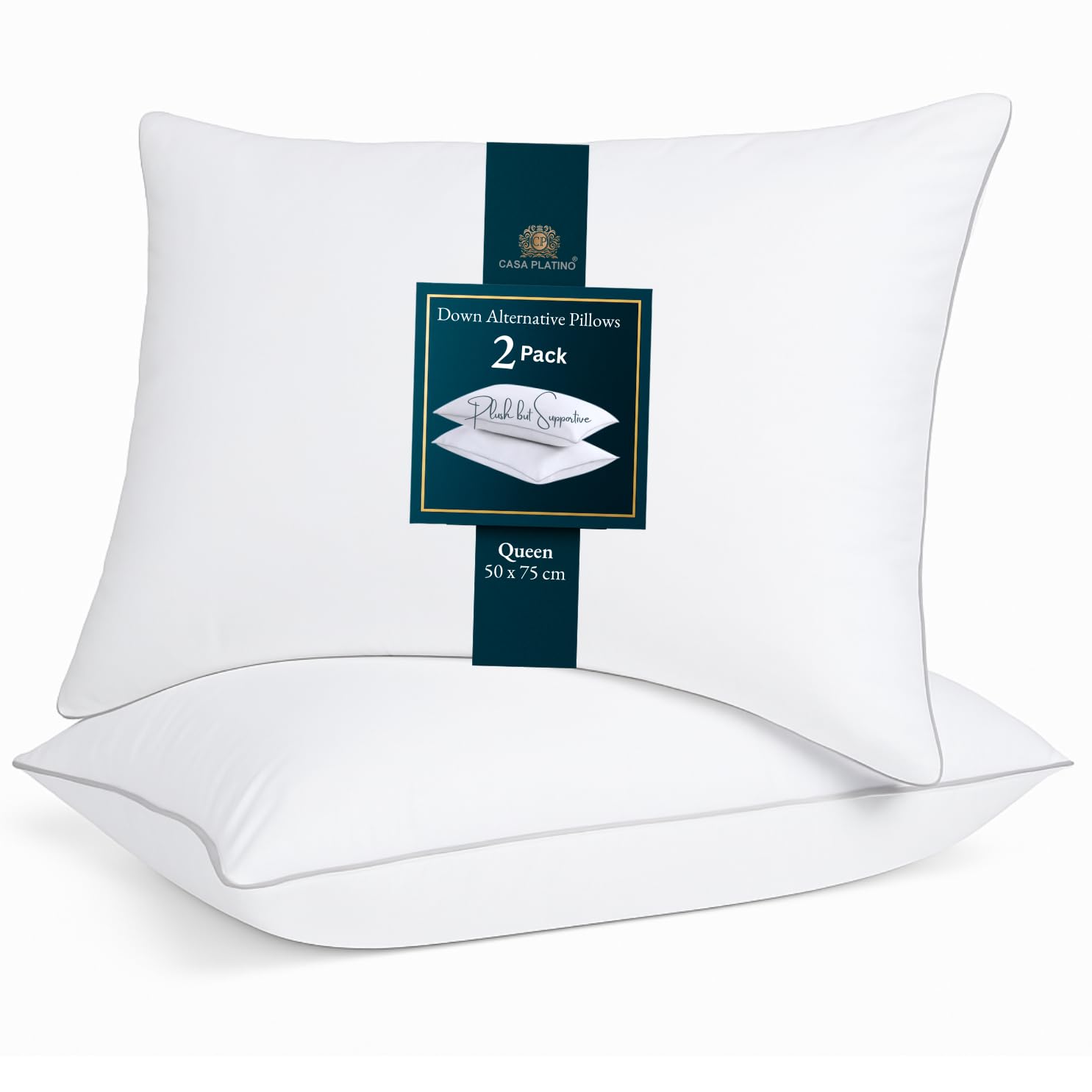 Casa Platino White Pillows 2 Pack Queen Size, (White) Luxury Hotel Quality Pillows, Brushed Fabric, Bed Pillow For Back, Stomach Or Side Sleepers - 20 X 30 Inch / 50 X 75 Cm