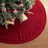 LimBridge Christmas Tree Skirt, 48 inches Cable Knit Knitted Thick Rustic Xmas Holiday Decoration, Burgundy