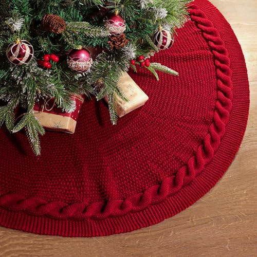 48 Inch Christmas Tree Skirt: Cable Knit Tree Skirt for 7.5FT Tree, Wine Red Tree Skirt, Vintage Tree Skirts, Rustic Farmhouse Christmas Decorations
