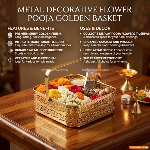 Image of Multipurpose Metal Basket For Gift Hamper, Pooja Temple Storage With Sturdy Handle, Decorative Flower Organizer & Versatile Puja Utility Accessories Home Decoration (Square)