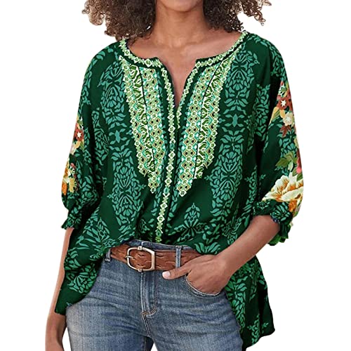 Women's Boho Print Long Sleeve Round Neck Button Casual Shirt Blouse Tops Female Tops Shirt Blouse Green #TOP17