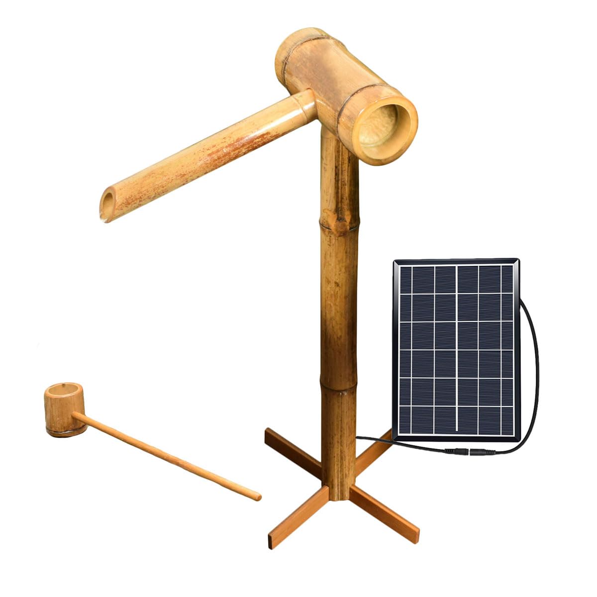Solarna Fontanna Bambusowa, 27,5-Calowa Wysoka Diy Zewnętrzna Fontanna Bambusowa, Stabilna Podstawa Krzyżowa, Wewnętrzne/Zewnętrzne Elementy Wodne Ogrodu Zen